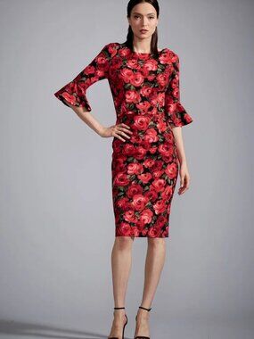 NWOT! David Meister Red Rose Floral Bell Sleeve Belted Sheath Dress Size 6